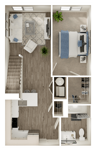 Floor plan for 1 bed, 1 bath, 859 sqft